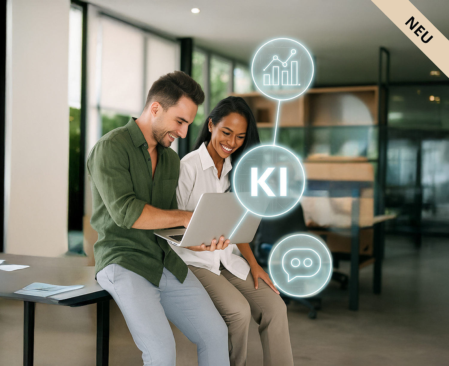 Zwei Menschen sitzen und arbeiten glücklich zusammen an einem Laptop. Neben ihnen erscheinen Blasen mit KI und KI-Symbolen. Über dem Bild liegt ein kleiner Banner: NEU