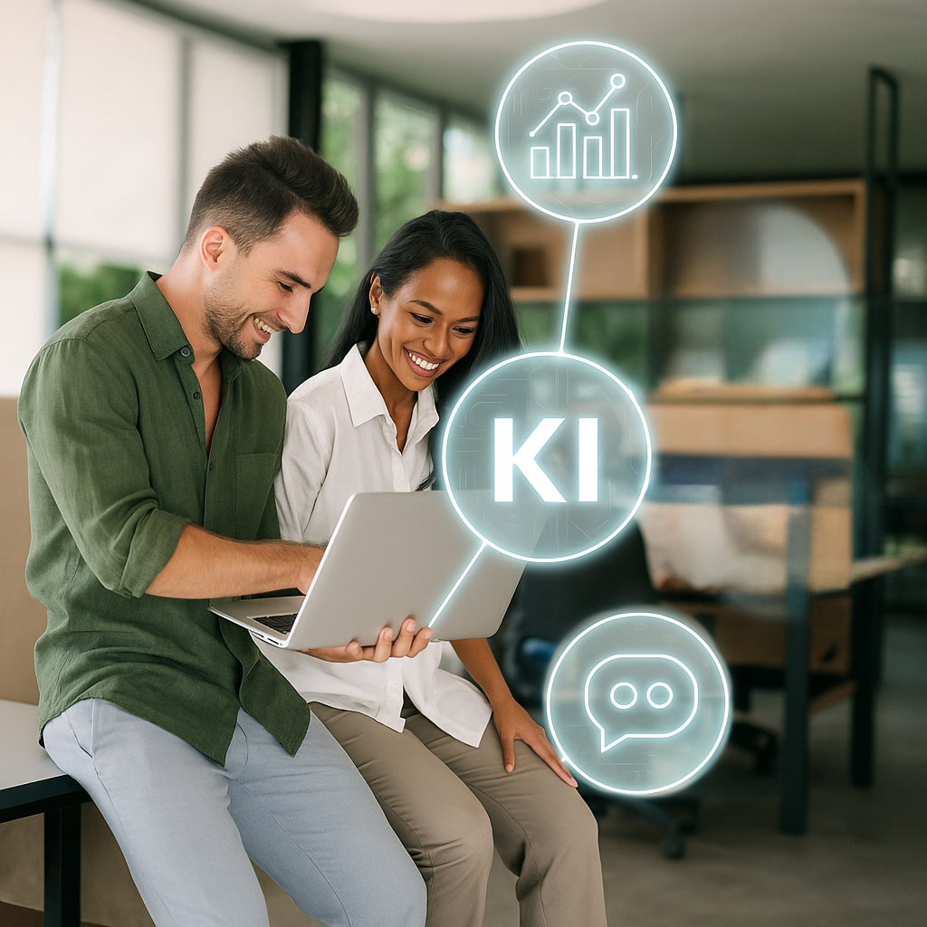 Zwei Menschen sitzen und arbeiten glücklich zusammen an einem Laptop. Neben ihnen erscheinen Blasen mit KI und KI-Symbolen.